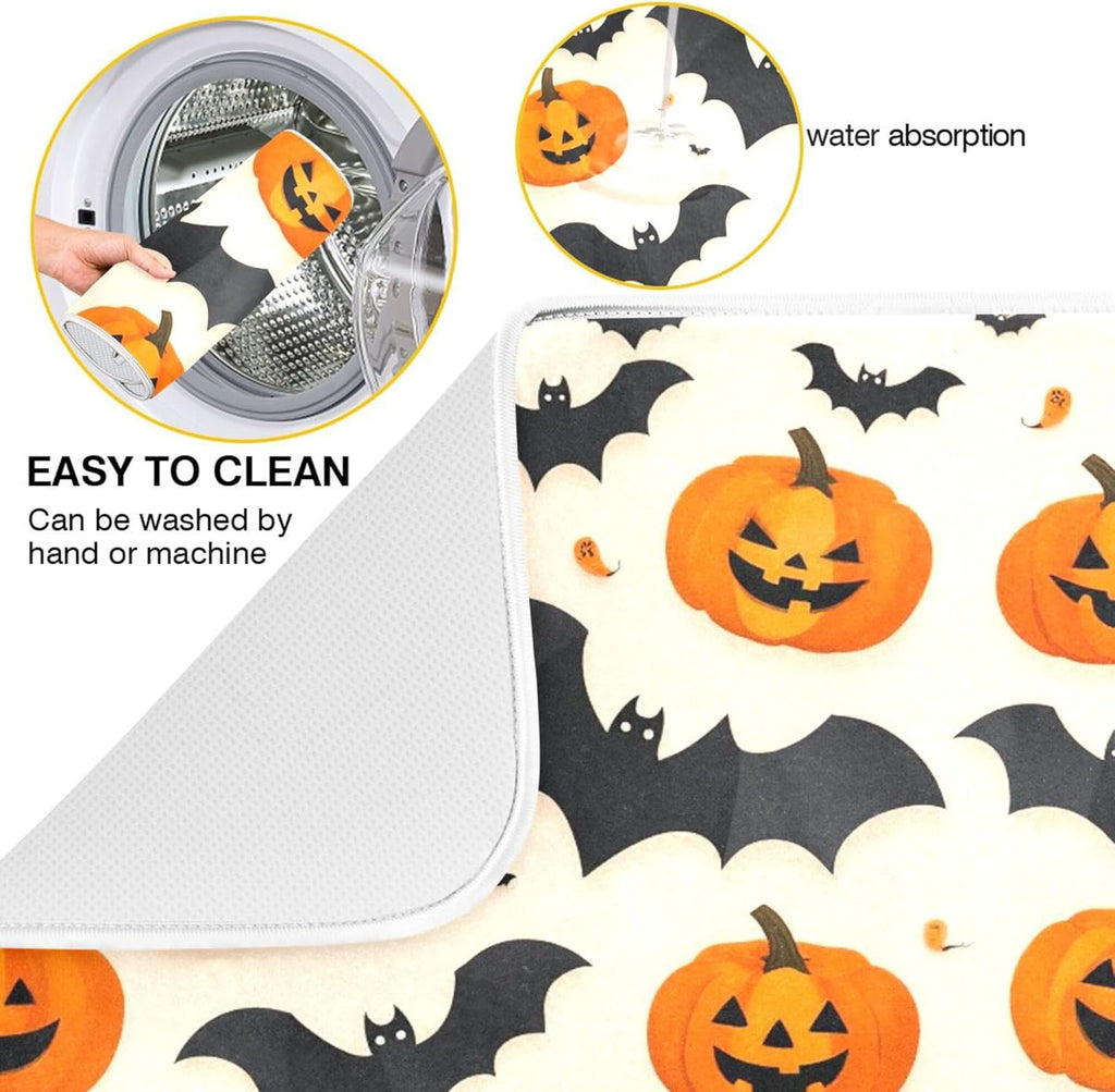 Halloween Black Bat Dish Drying Mat for Kitchen Countertop 18x24 Spooky Evil Pumpkin Lantern Large