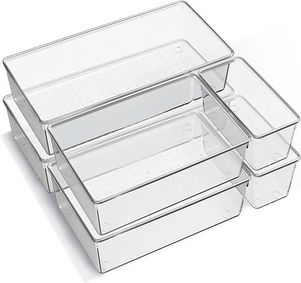 6 Pack Large Clear Plastic Drawer Organizer Trays – Non-Slip Storage Bins for Kitchen Utensils