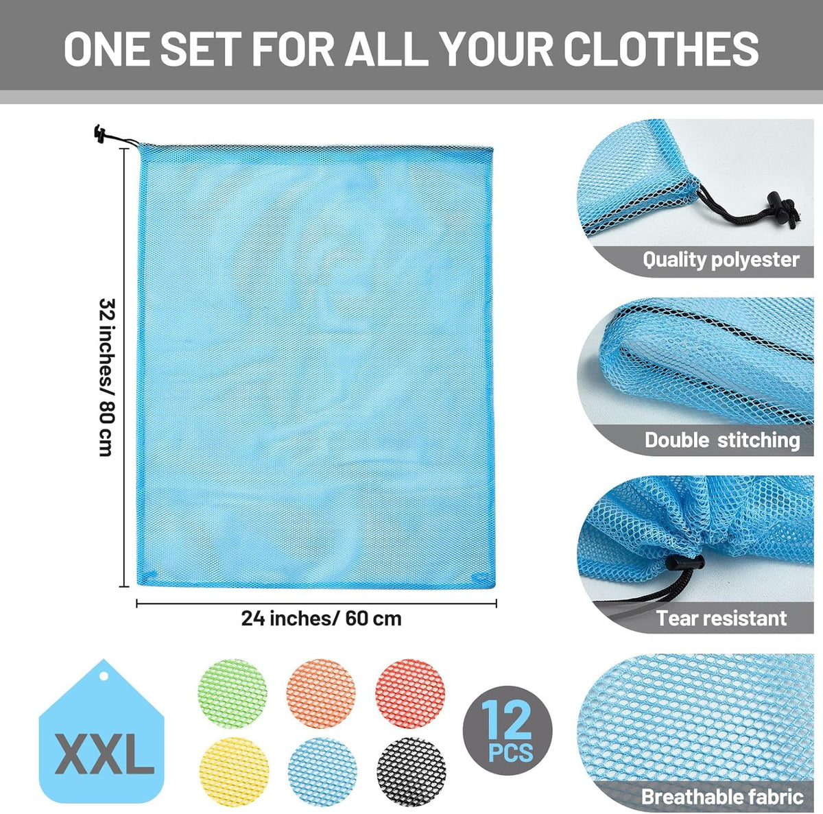 Berlune 12 Pcs Large Laundry Bag Colorful Extra Large Mesh Laundry Bag Bulk with Drawstring Heavy