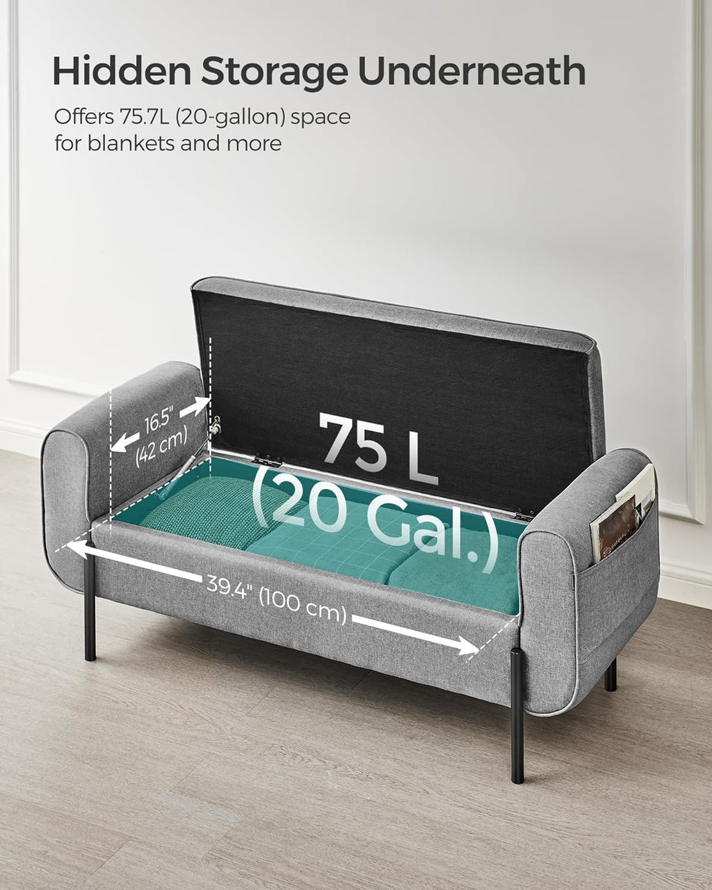 SONGMICS Storage Bench with Armrests, Ottoman for Living Room, Bedroom, Entryway, Steel Legs, Light