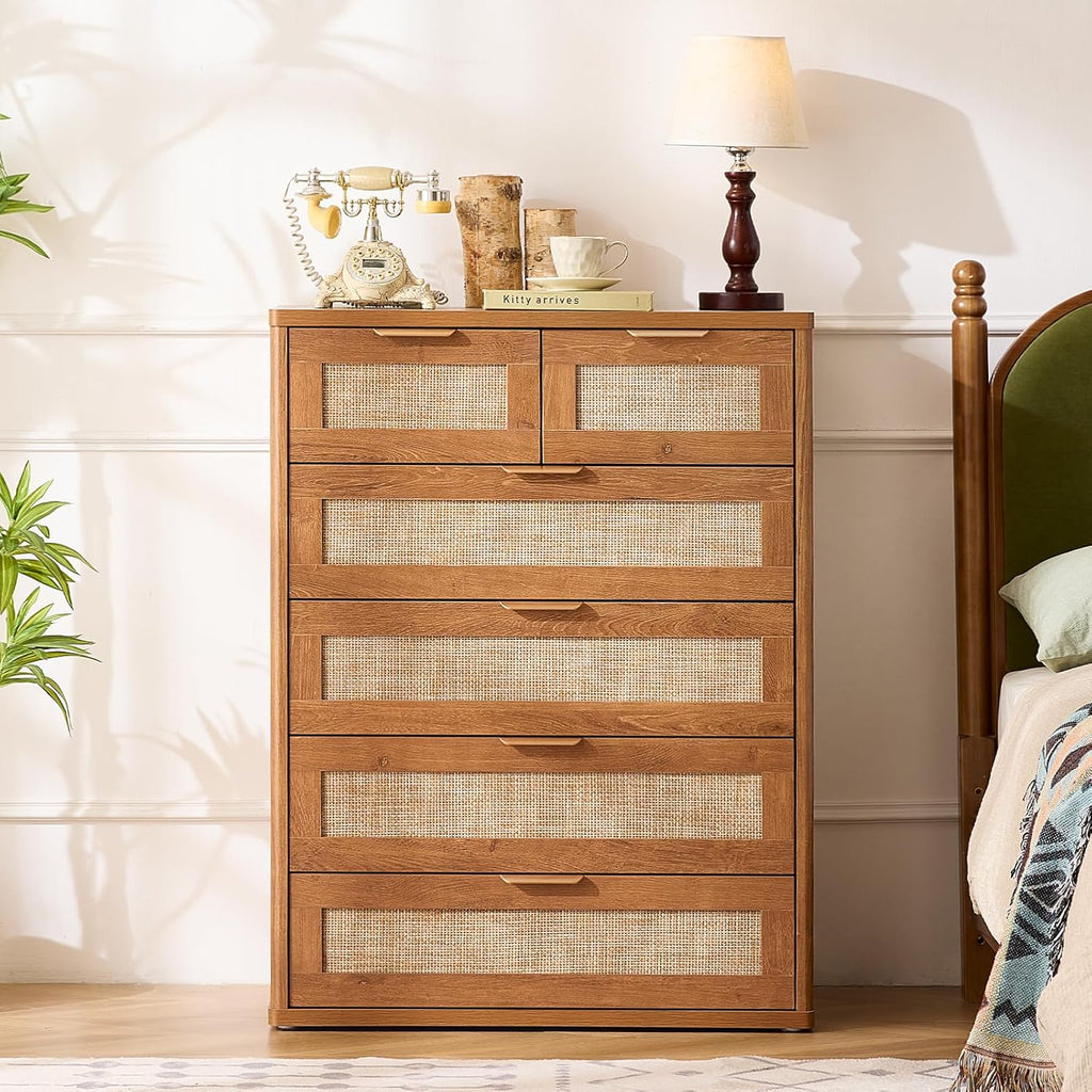 LEYAOYAO Rattan Dresser for Bedroom, 42" Tall Chest of Drawers, Modern 6 Drawers Boho Dressers with