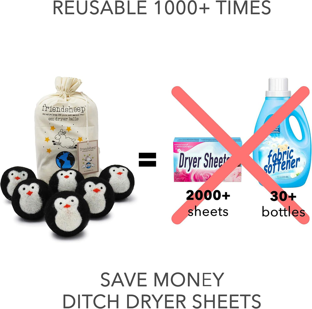 Friendsheep Wool Dryer Balls, Organic Fair Trade Reusable Fabric Softener, Extra Large, 6 Pack