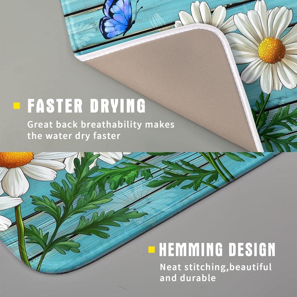 Spring Daisy Floral Dish Drying Mat for Kitchen Counter 16x18in Turquoise Daisy Old Wooden Board