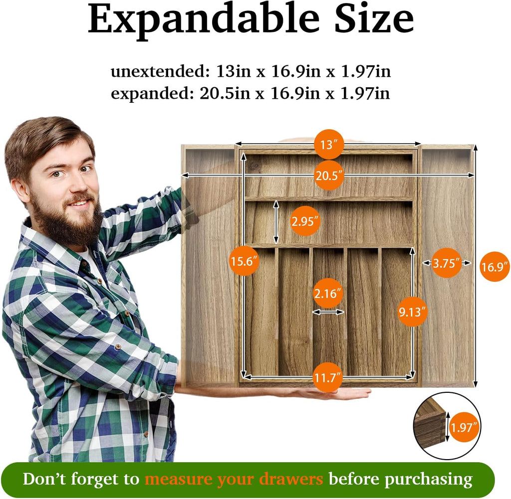 Acacia Wood Kitchen Silverware Drawer Organizer, Expandable Utensil Cutlery Drawer Organizer with