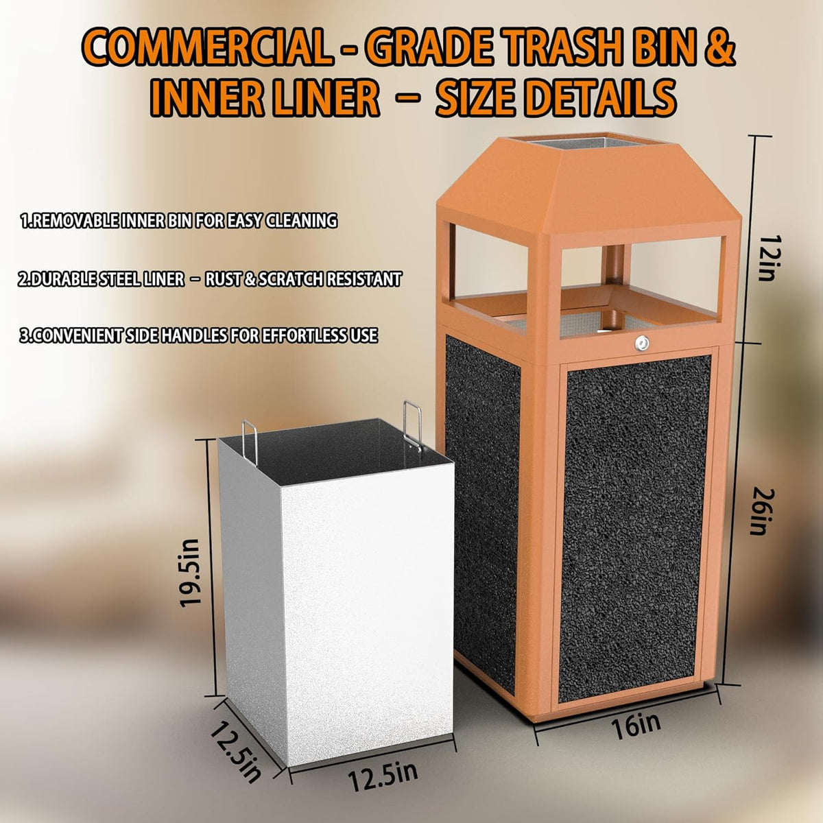 Commercial Metal Outdoor Trash Can with Lid, Lockable Outdoor Garbage Can with Nature Stone Panels