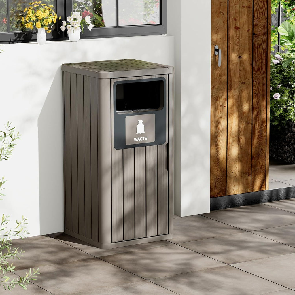 Outdoor Trash Can Waterproof Resin Garbage Can with Garbage Labels Outdoor Trash Bin for Patio