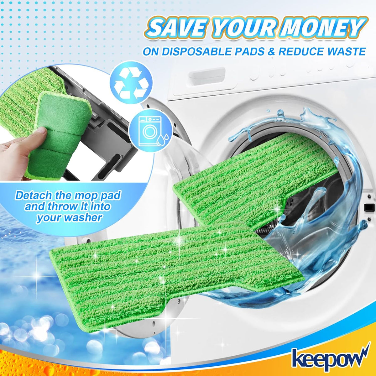 KEEPOW Reusable Mop Pads Refills, Mop Replacement Pads Compatible with Shark Vac Mop VM252 VM200
