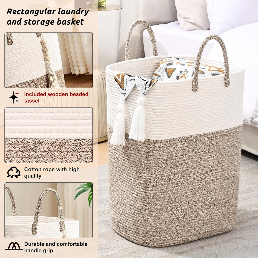 Woven Laundry Basket for Clothes, 80L Large Rectangle Laundry Hampers with Beads Tassel, Nursery