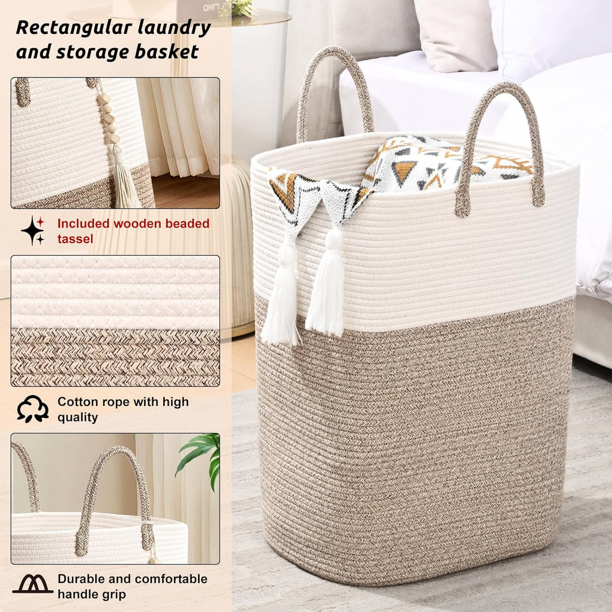 Woven Laundry Basket for Clothes, 80L Large Rectangle Laundry Hampers with Beads Tassel, Nursery