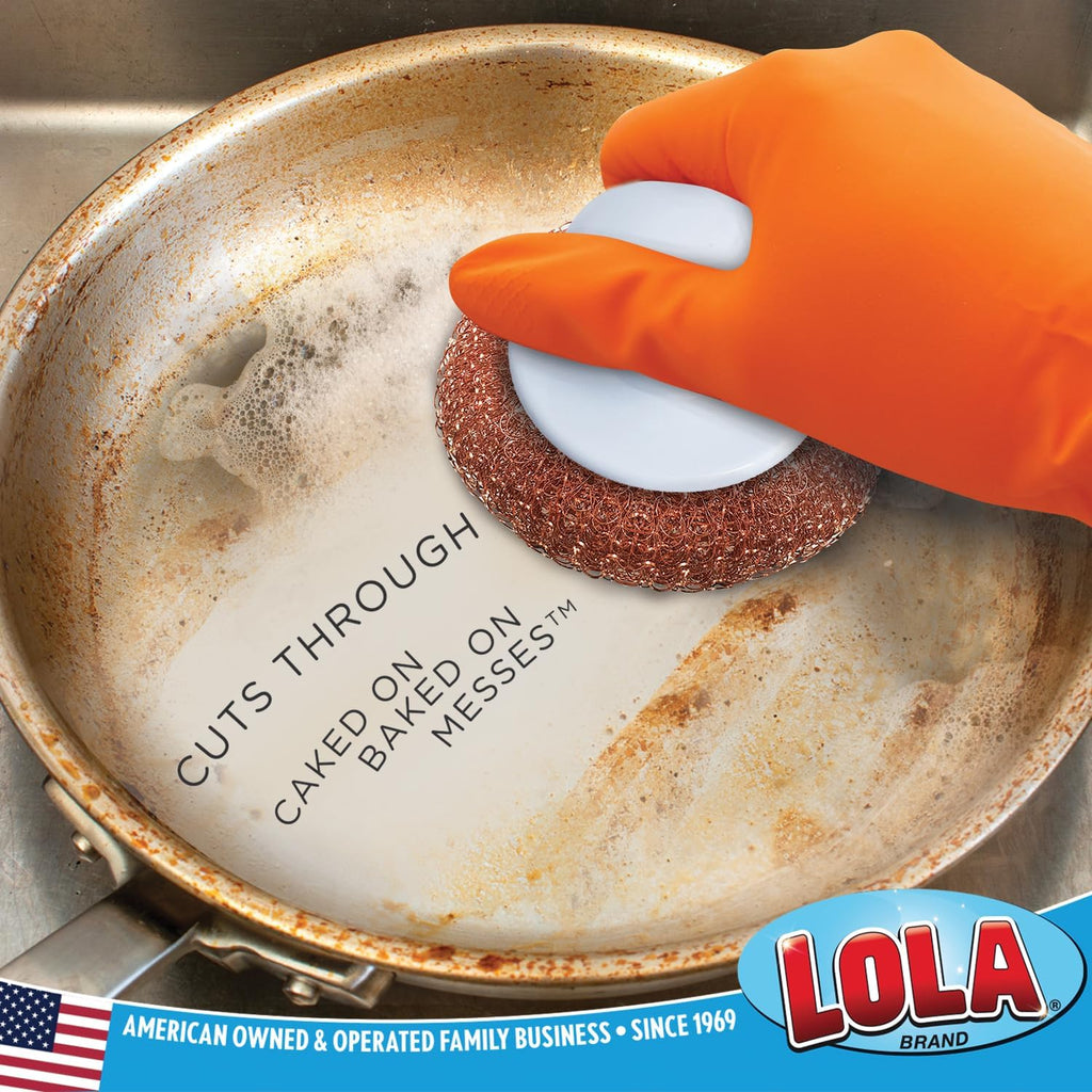 LOLA Copper Mesh Scouring Pad w/Comfort Knob, 6 Pack, Heavy Duty Cleaning Pads, Knitted Wire Mesh