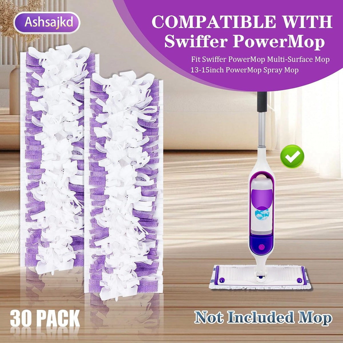 30 Pack Disposable Power Mop Refills Compatible for Swiffer Power Mop(13-15in), Multi-Surface Spray