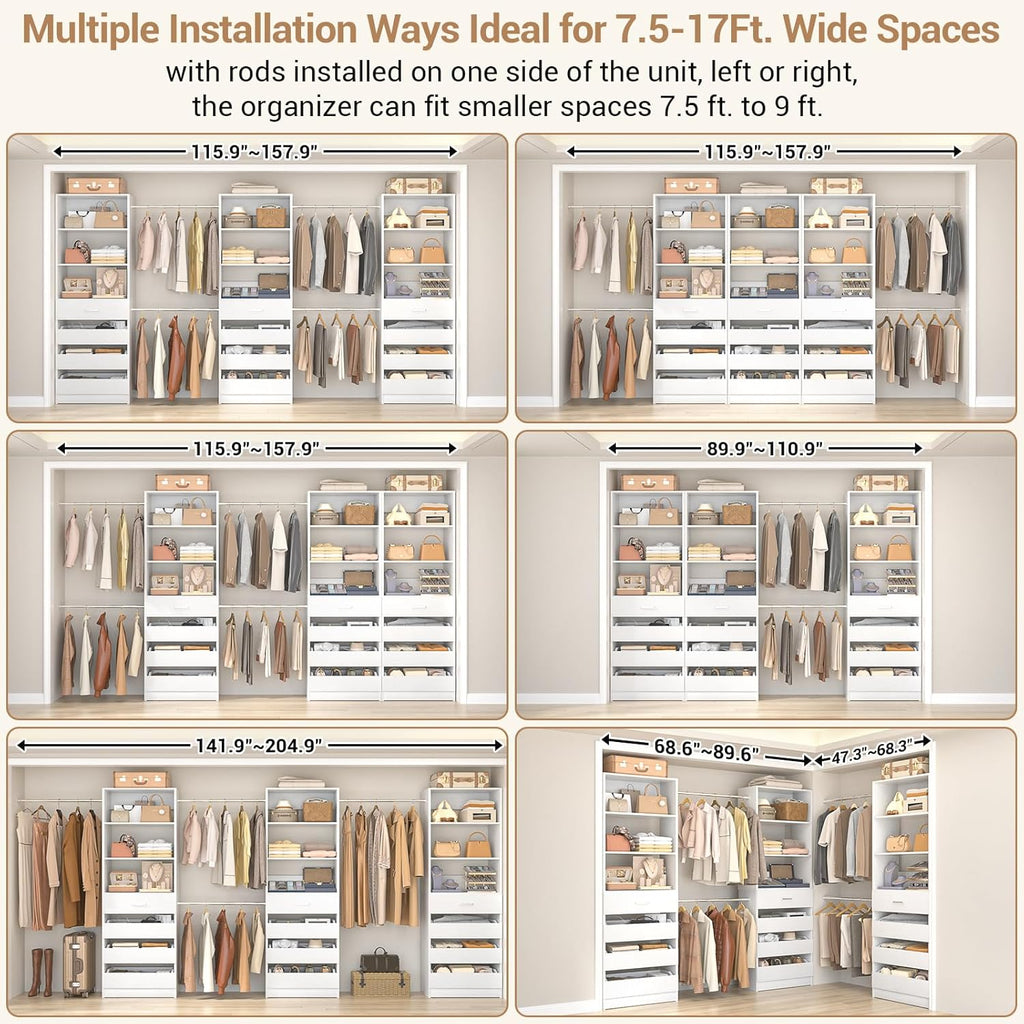 Aheaplus Closet System with 12 Drawers, 8.5-11.5Ft Wood Closet Organizer System with 4 Hanging Rods