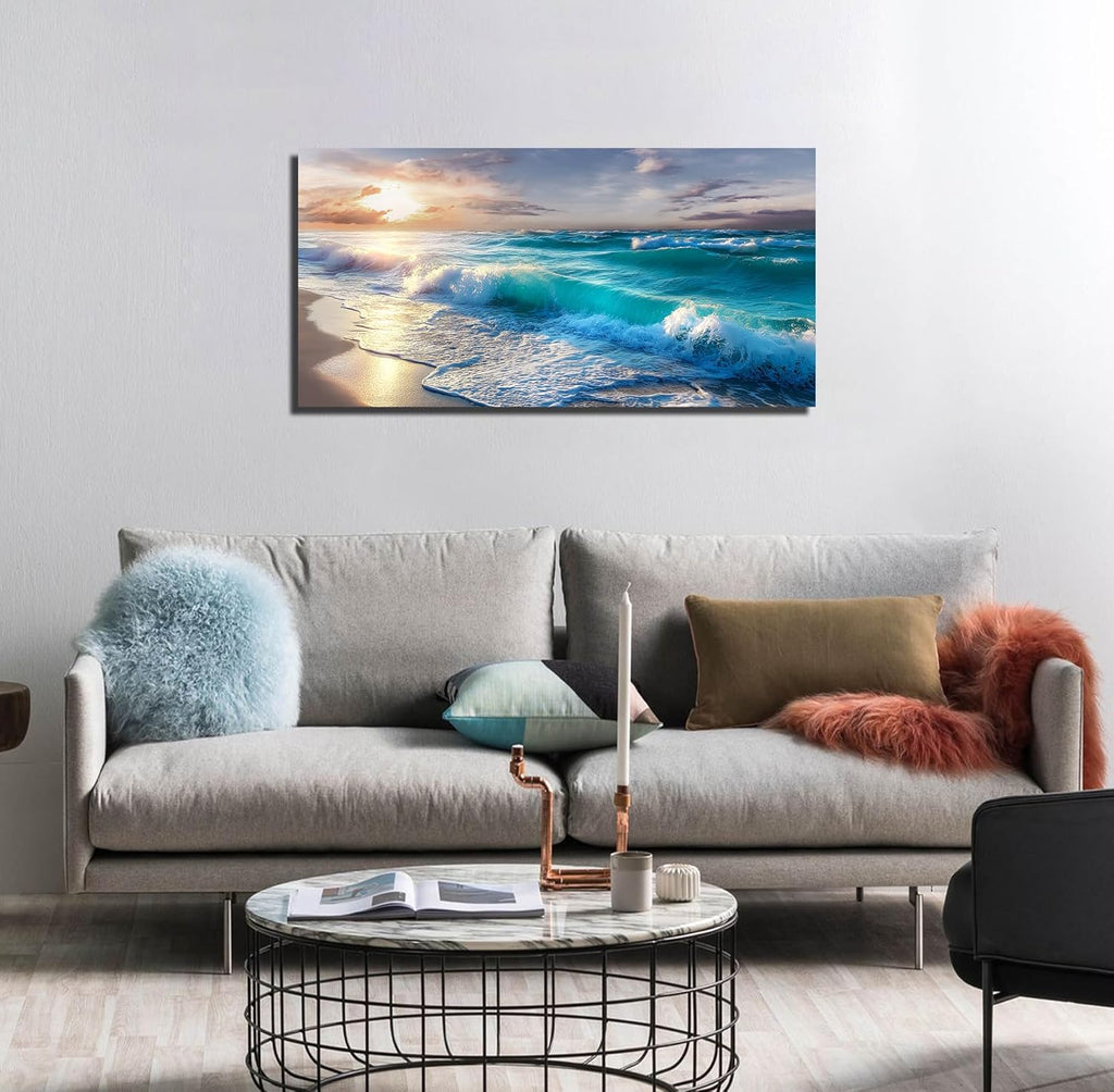 GUGIKA Ocean Wall Art for Living Room, Blue Wave and Large Coastal Beach Canvas Wall-Decor for