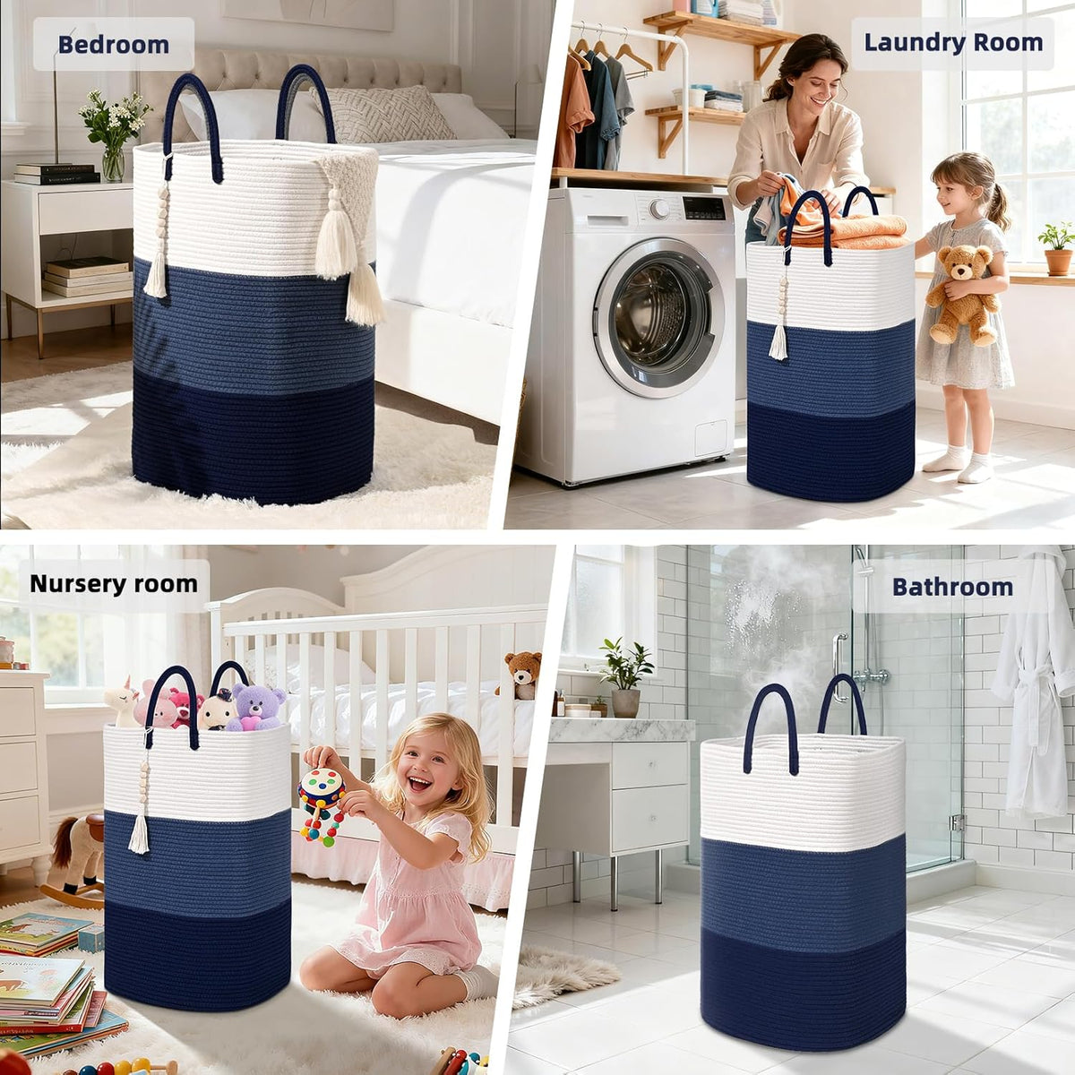 Woven Laundry Basket for Clothes,65 L Large Rectangle Laundry Hampers with Beads Tassel, Nursery