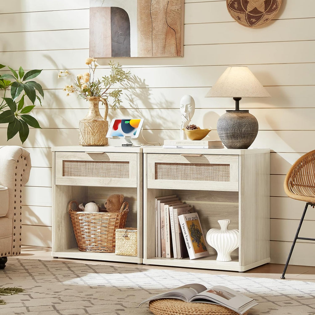 LEYAOYAO Rattan Nightstand with Charging Station, 23" Wide Boho Night Stand with Drawer, Grey White