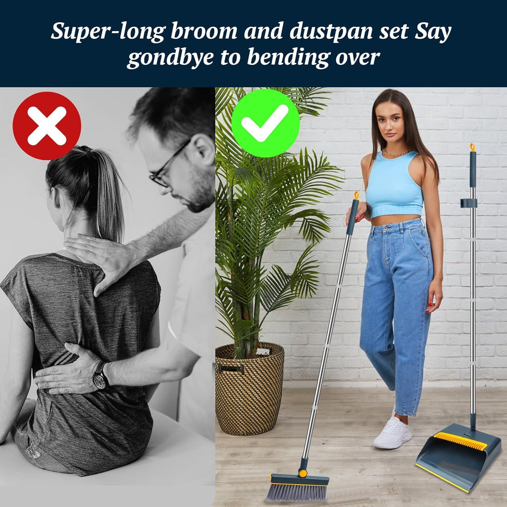 Long-Handled Broom and Dustpan Set, Windproof Broom Combination, 180-degree Rotating Brush Head