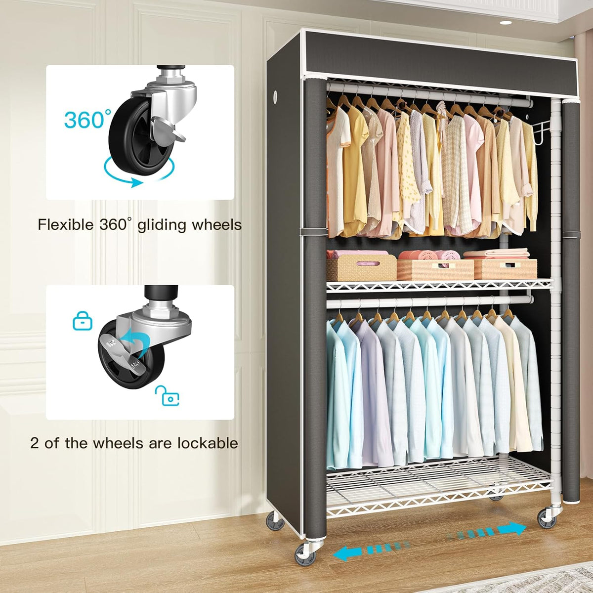 FUTASSI White Clothing Rack with Black Cover, P1C Rolling Closets with Wheels, Metal Garment Rack