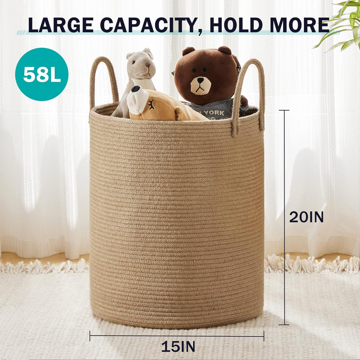Jute Rope Laundry Hamper Basket by YOUDENOVA, 58L Tall Laundry Basket, Baby Nursery Hamper for