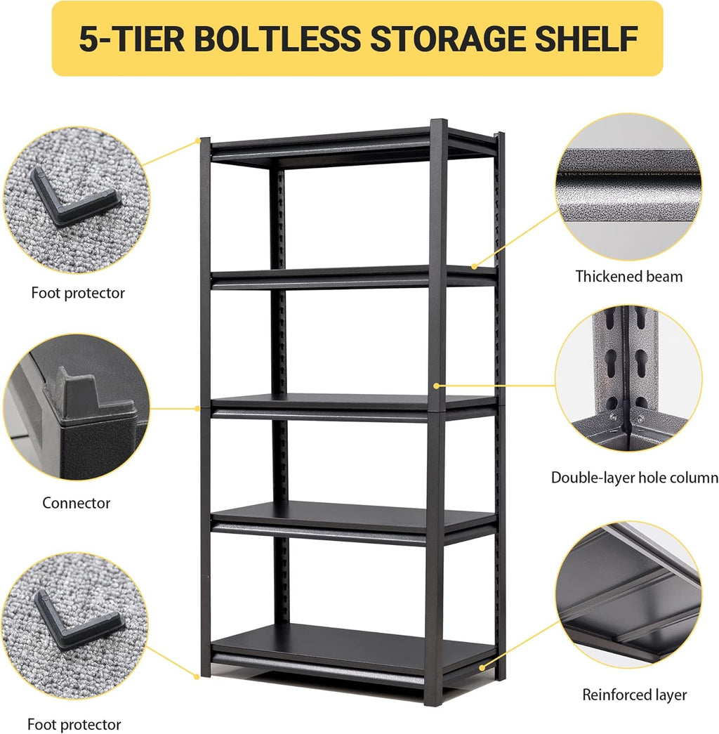 63" H Heavy Duty Garage Shelving, Metal Storage Shelves, Adjustable 5 Tier Metal Shelving Unit