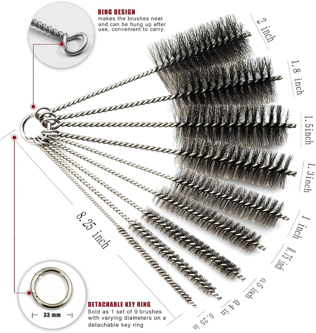 Pipe Cleaning Brush Set Stainless Steel Bristles, Stainless Steel Pipe Brush Steel Bottle Brush 9