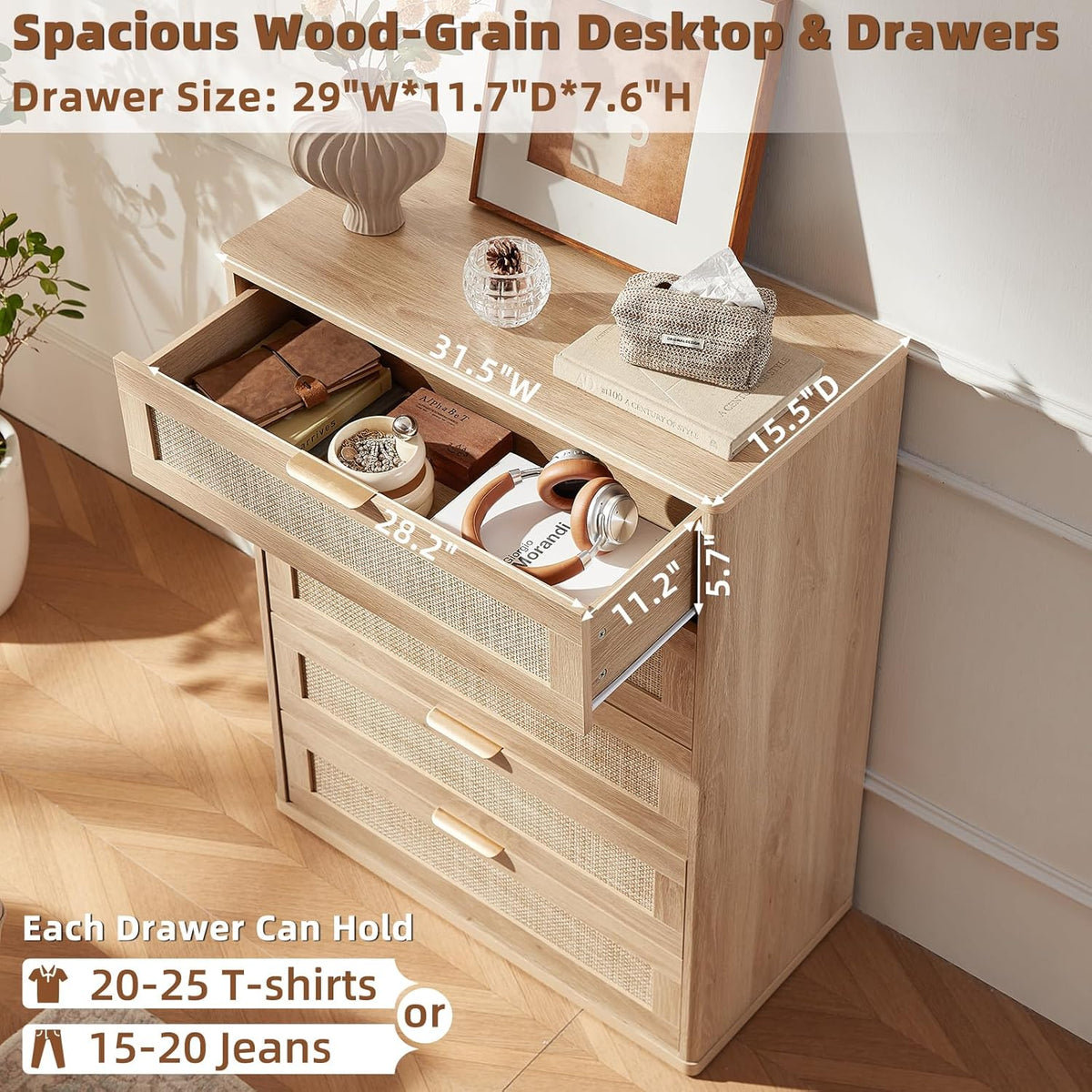 LEYAOYAO Rattan Dresser for Bedroom Set 2, 41" Tall Chest of Drawers, Modern 5 Drawers Boho