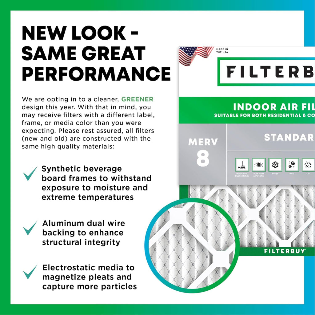 Filterbuy 18x25x1 Air Filter MERV 8 (MPR 700) Dust Defense Replacement (6-Pack), Electrostatic