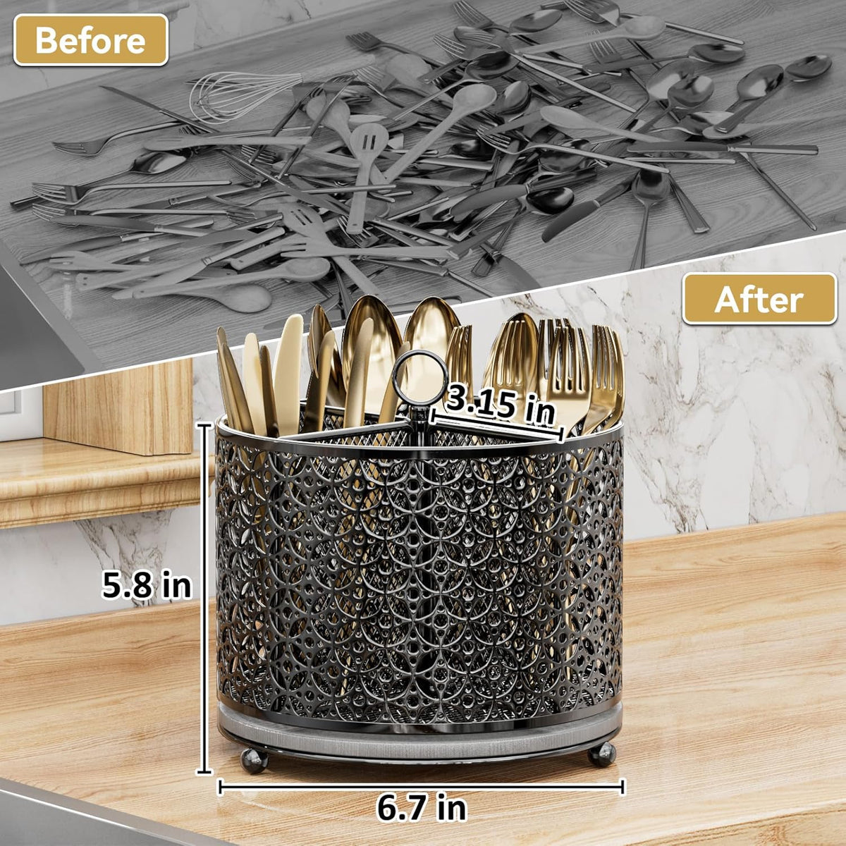 360° Rotating Utensil Holder Caddy - Fast-Drying Silverware Flatware Organizer - 4 Compartment