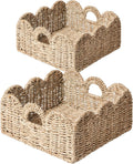 Scalloped Basket 2 Pack Wicker & Rattan Storage with Built-in Handles, Decorative Woven Seagrass