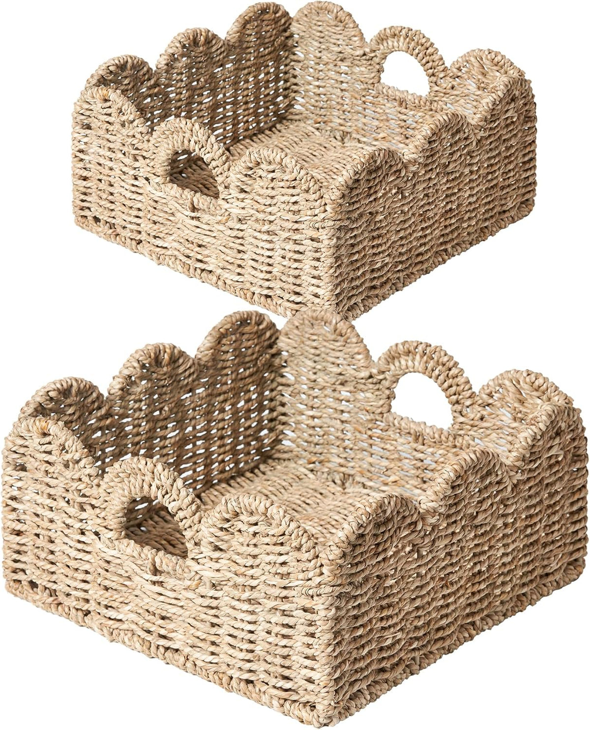 Scalloped Basket 2 Pack Wicker & Rattan Storage with Built-in Handles, Decorative Woven Seagrass