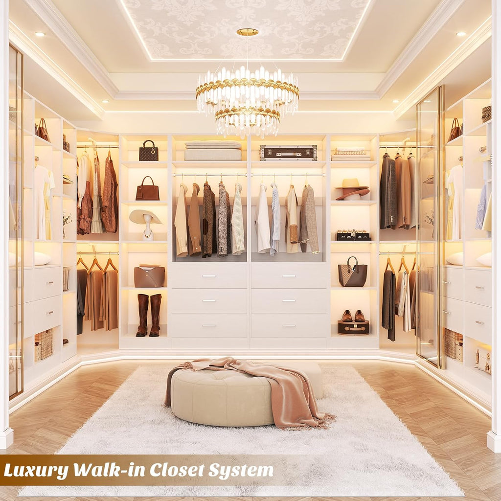 Corner Closet System with 3 Drawers, Corner Closet Organizer System with 13 Shelves & 3 Hanging