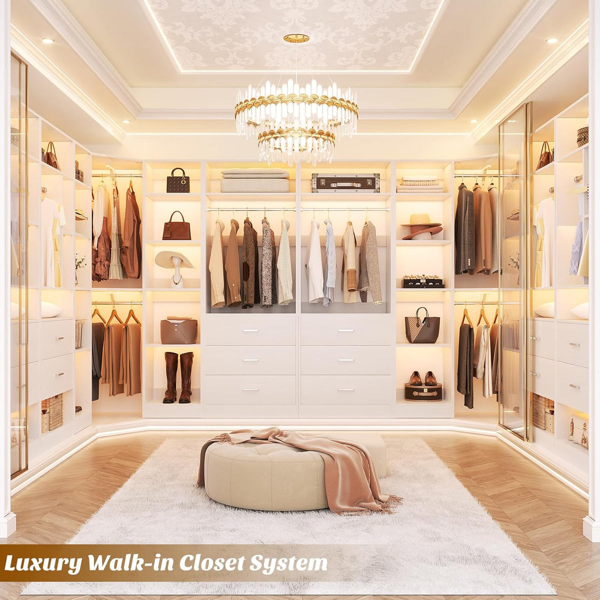 Corner Closet System with 3 Drawers, Corner Closet Organizer System with 13 Shelves & 3 Hanging