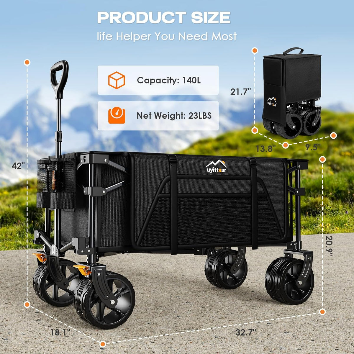 Collapsible Wagon Cart Heavy Duty Foldable, Folding Beach Wagon with Big Wheels for Sand, Utility