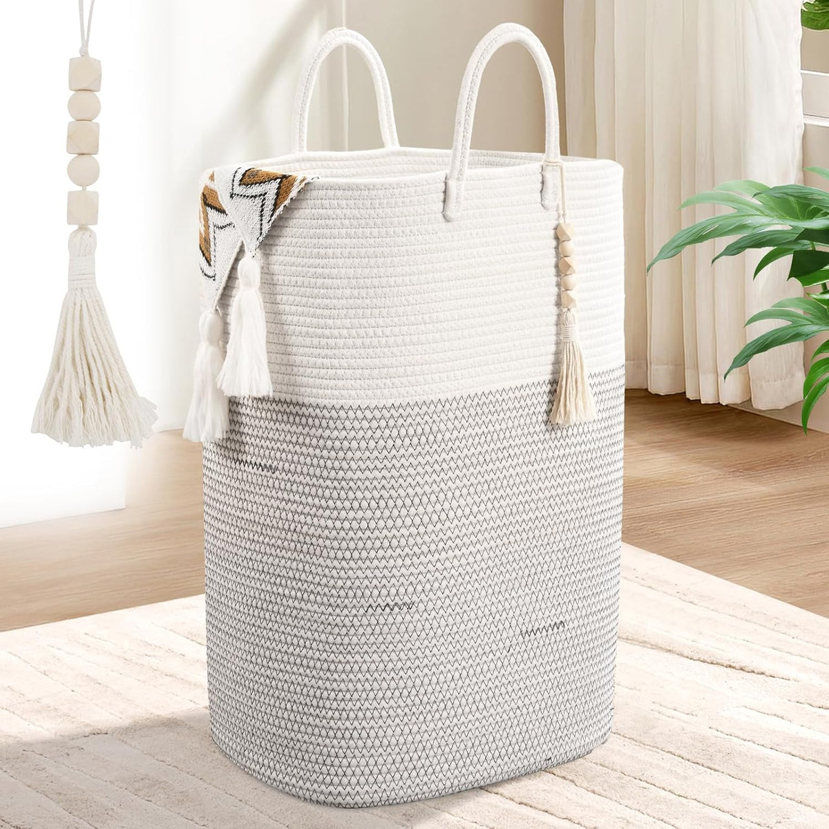Woven Laundry Basket for Clothes, 50 L Large Rectangle Laundry Hampers with Beads Tassel, Nursery