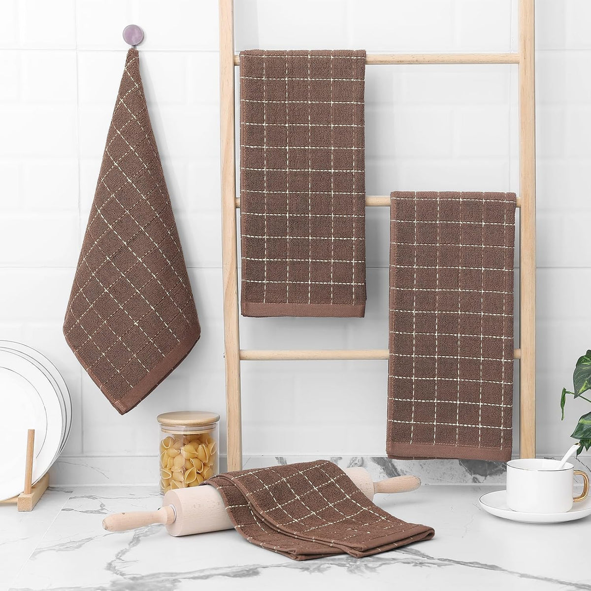 Homaxy 100% Cotton Terry Kitchen Towels(Brown, 13 x 28 inches), Checkered Designed, Soft and Super