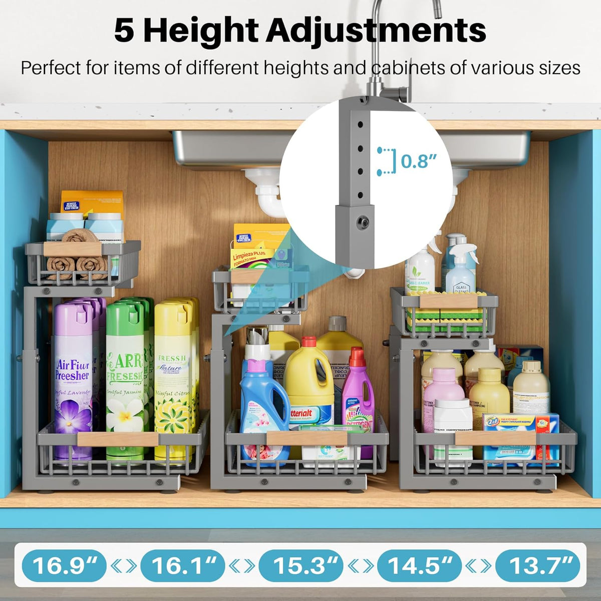 1 Packs 2 Tier Grey Under Sink Organizer,Under Sink Organizers and Storage, Slide Out Pull Out