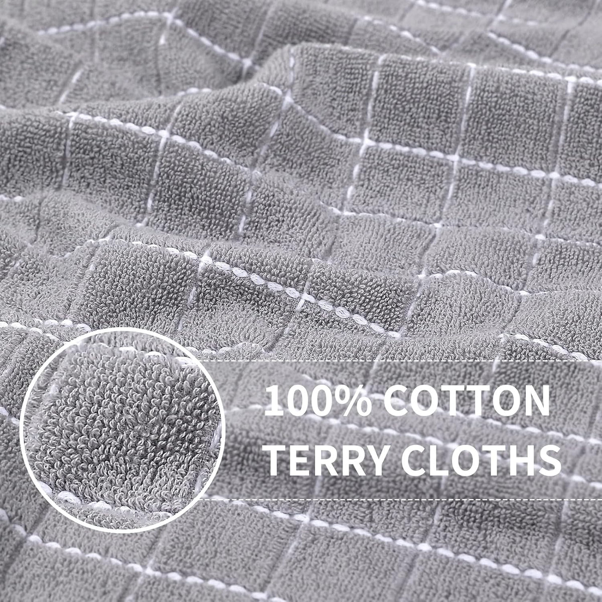 Homaxy 100% Cotton Terry Kitchen Towels(Light Grey, 13 x 28 Inches), Checkered Designed, Soft and