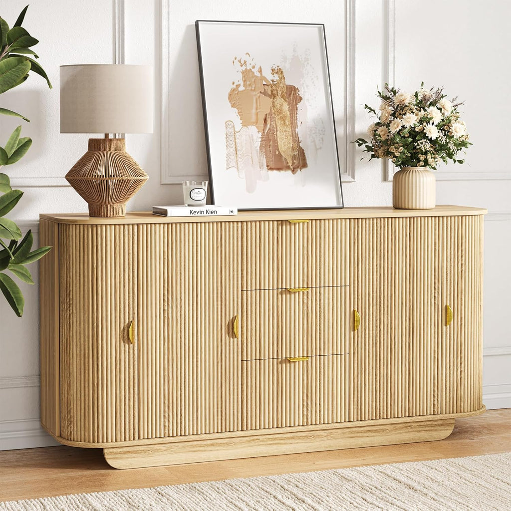 63" Tambour Dresser for Bedroom with 3 Drawers, Modern Chest of Drawers with Sliding Doors & 8