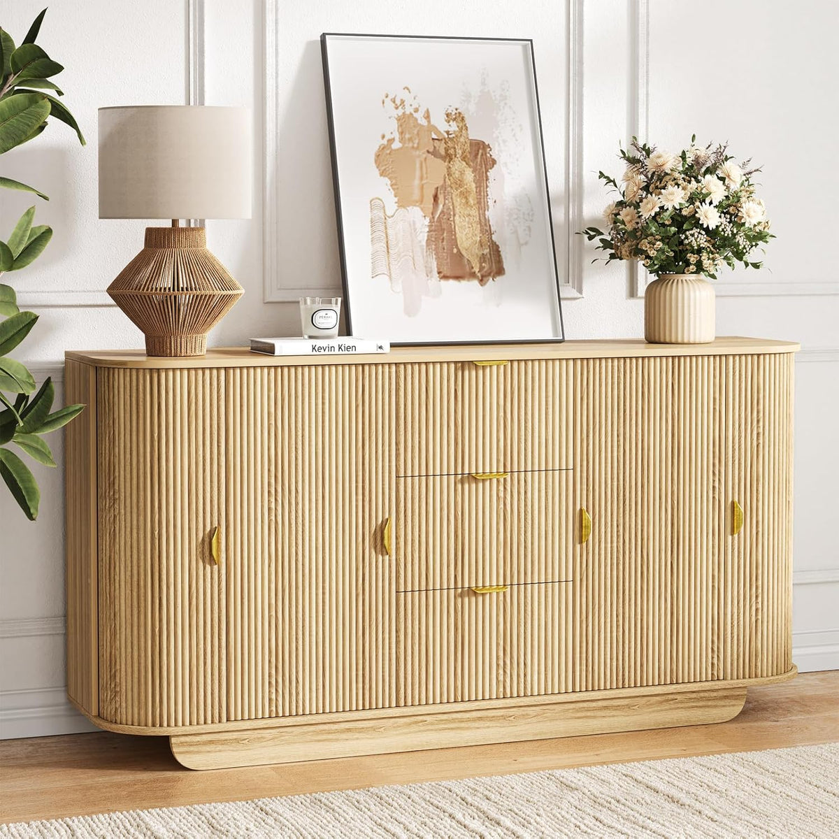 63" Tambour Dresser for Bedroom with 3 Drawers, Modern Chest of Drawers with Sliding Doors & 8