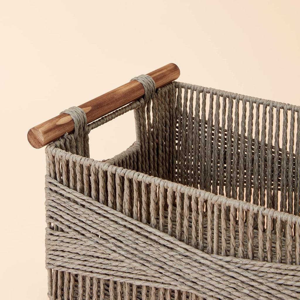 LA JOLIE MUSE Wicker Storage Baskets for Organizing, Recyclable Paper Rope Basket with Wood