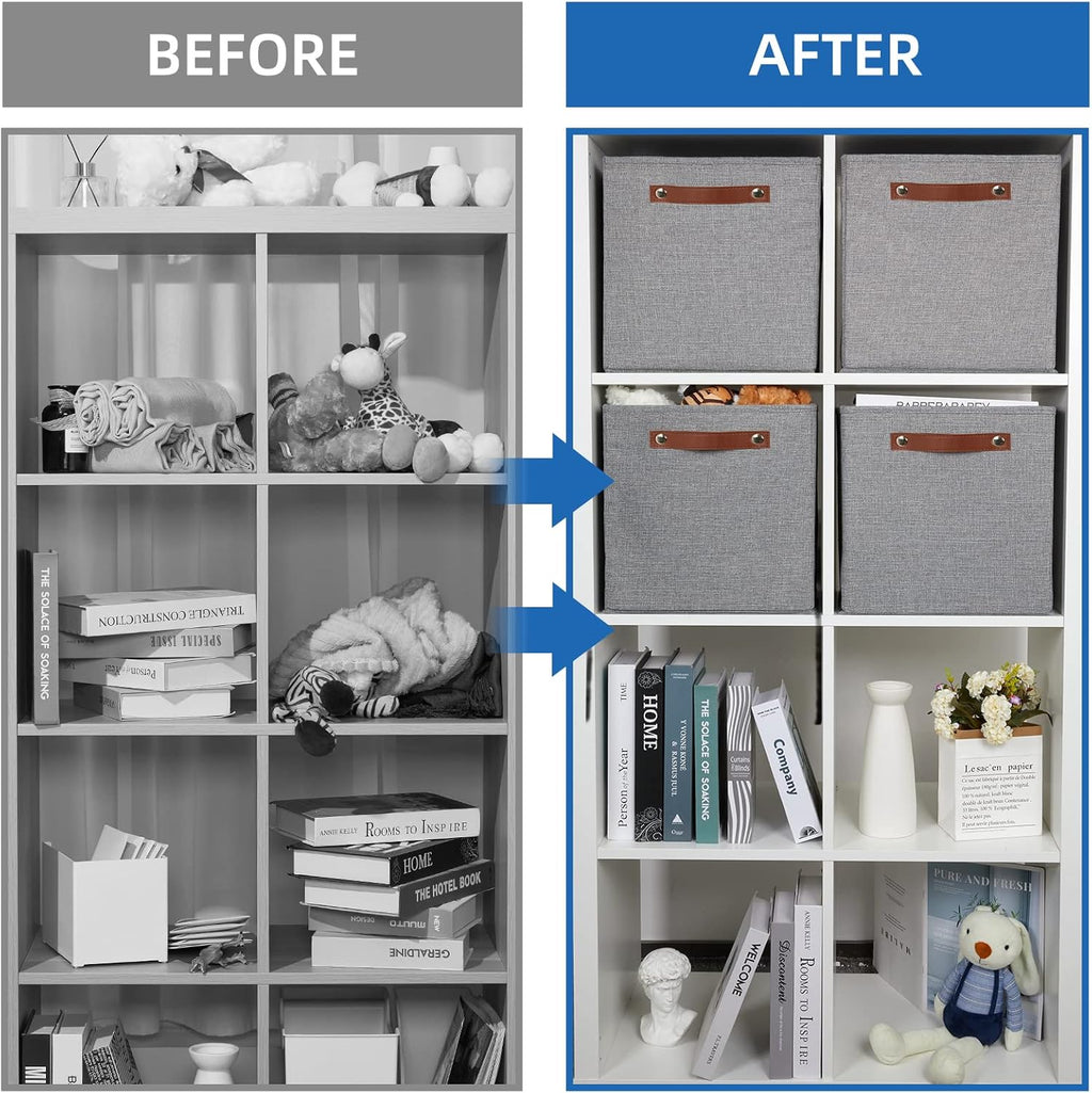 Temary 12x12 Storage Cube Bins 4 Pack Fabric Storage Cubes Storage Bins with Leather Handles