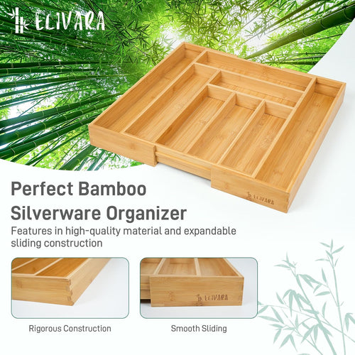 100% Bamboo Expandable Drawer Organizer - Adjustable Utensil and Cutlery Tray for Kitchen, Office