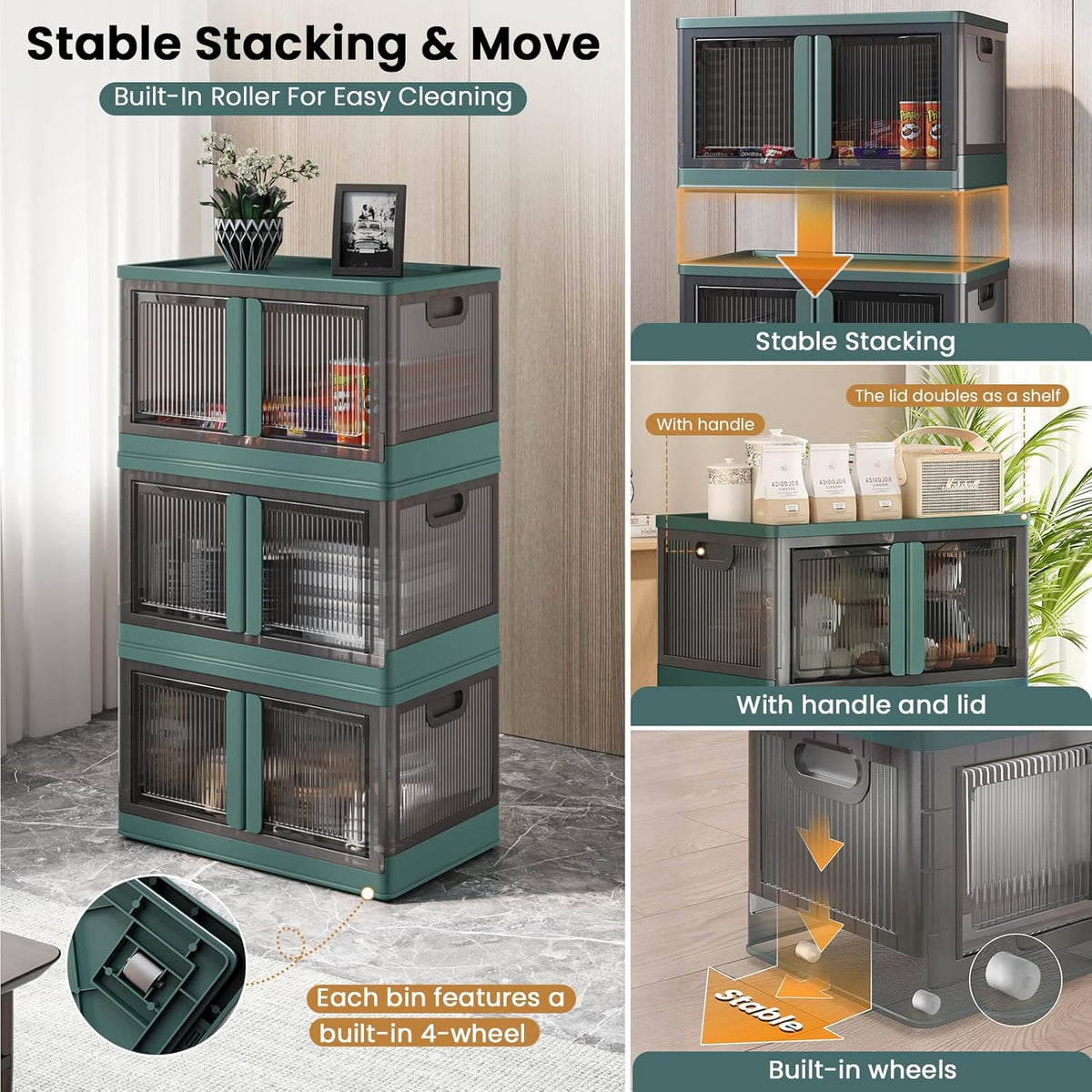 19Gal Collapsible Storage Bins with Lids & Wheels - 1 Pack Stackable with Doors, Heavy-Duty Plastic