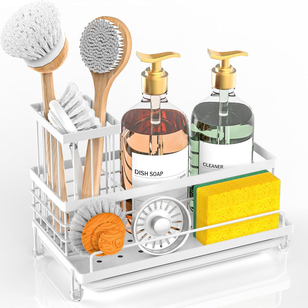 Cisily Kitchen Sink Caddy Organizer, Sponge Holder, Detergent Brush Holder, Plug Storage, White