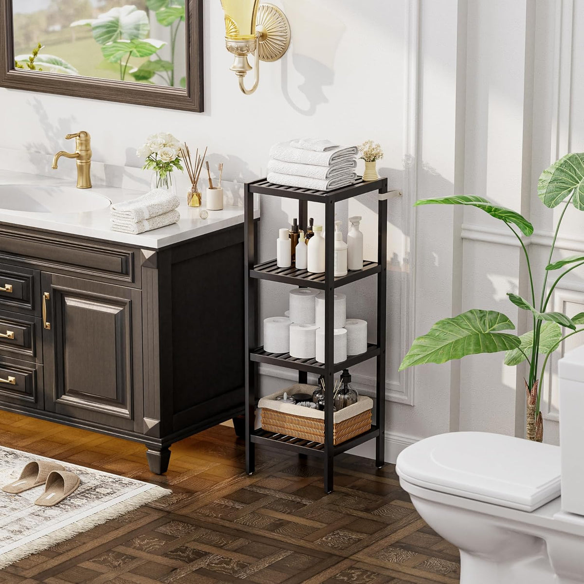 SMIBUY Bathroom Storage Shelf, 4-Tier Bamboo Rack Organizer, Multifunctional Shelving Unit for