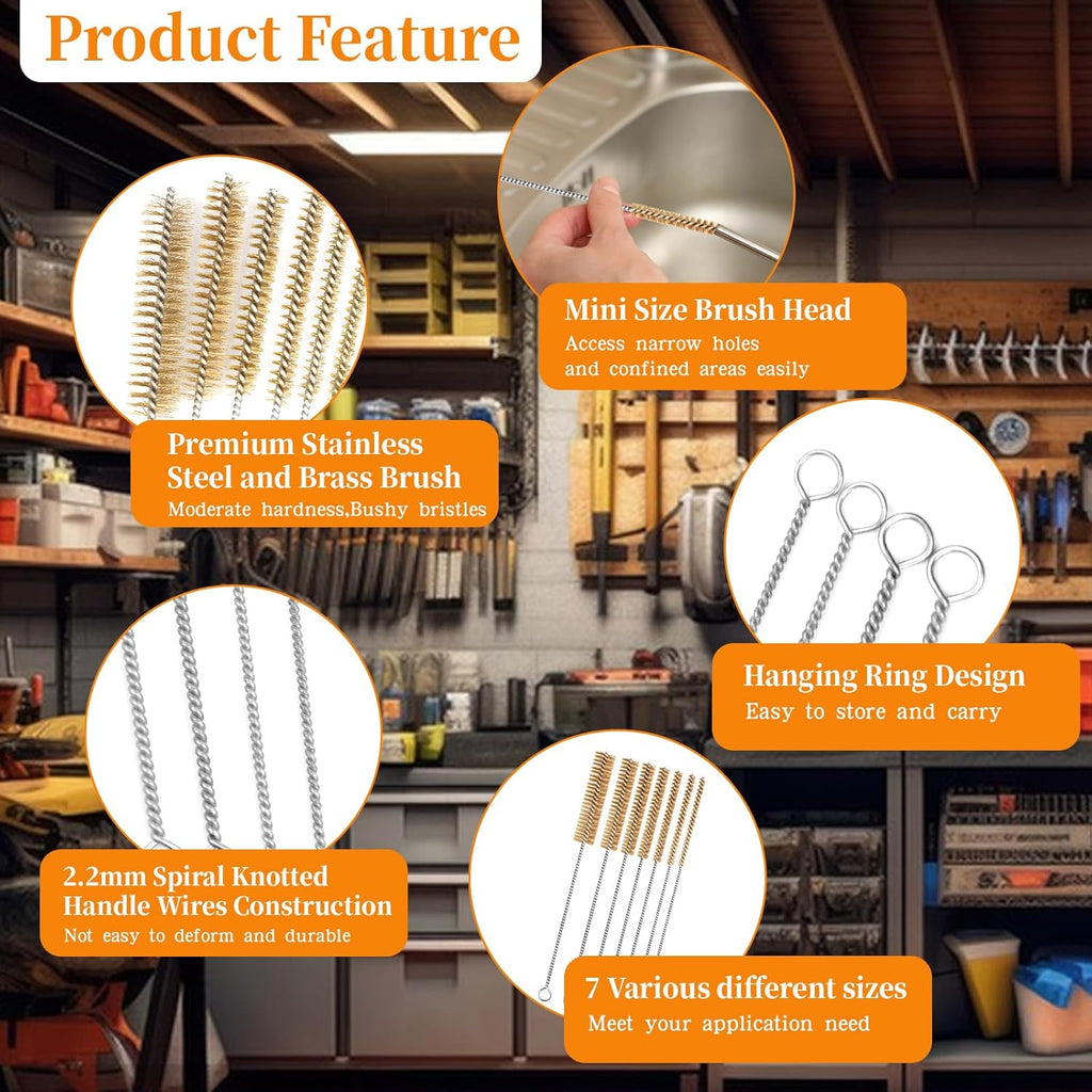 14-Pieces Brass Wire Brush Stainless Steel Tube Brush Set 12" Round Wire Brushes Kit Bore Brush