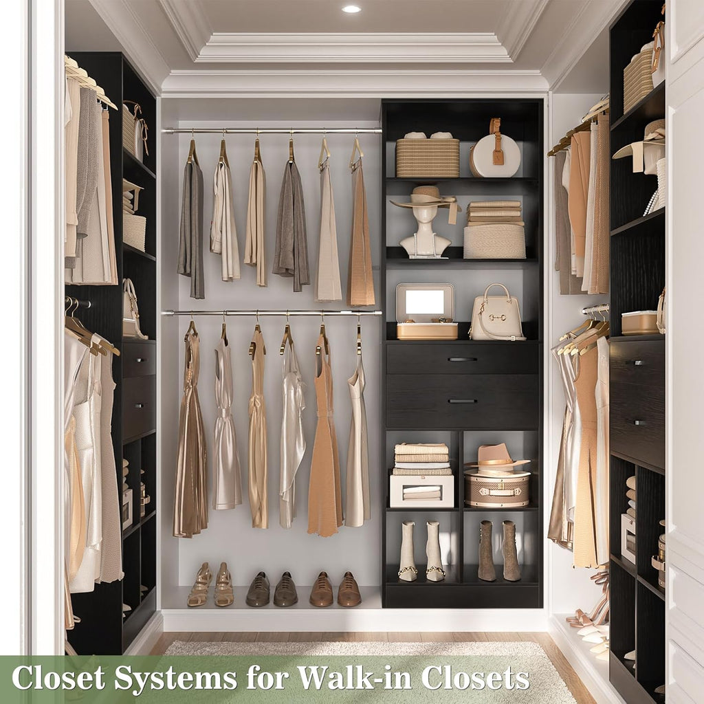 Closet System, 4-8 FT Closet Organizer Tower with 2 Wooden Drawers and Shelves, Can Fit 60 to 96