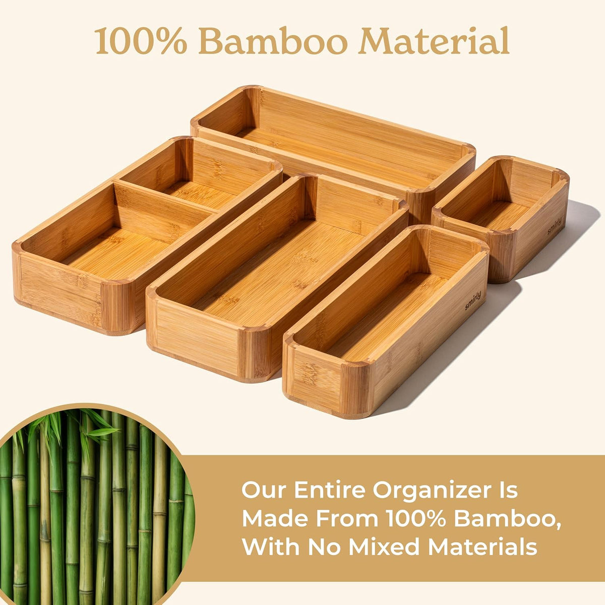 SMIRLY 5-Piece Bamboo Kitchen Drawer Organizer Set for Large and Small Utensils, Multi-use Storage