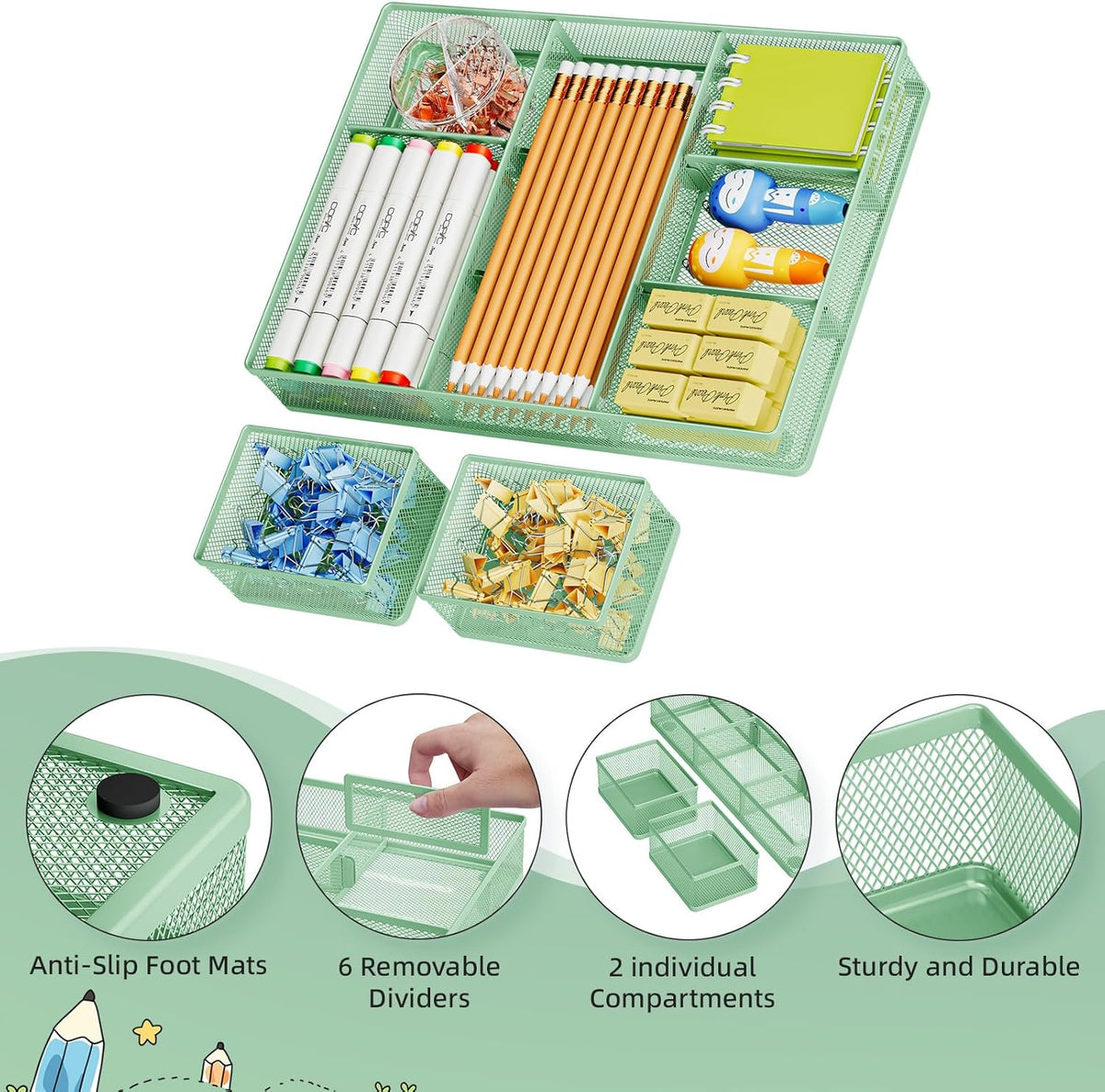 Marbrasse 3 Packs Desk Drawer Organizers, Metal Mesh Dividers with 9 Adjustable Compartments, Pen