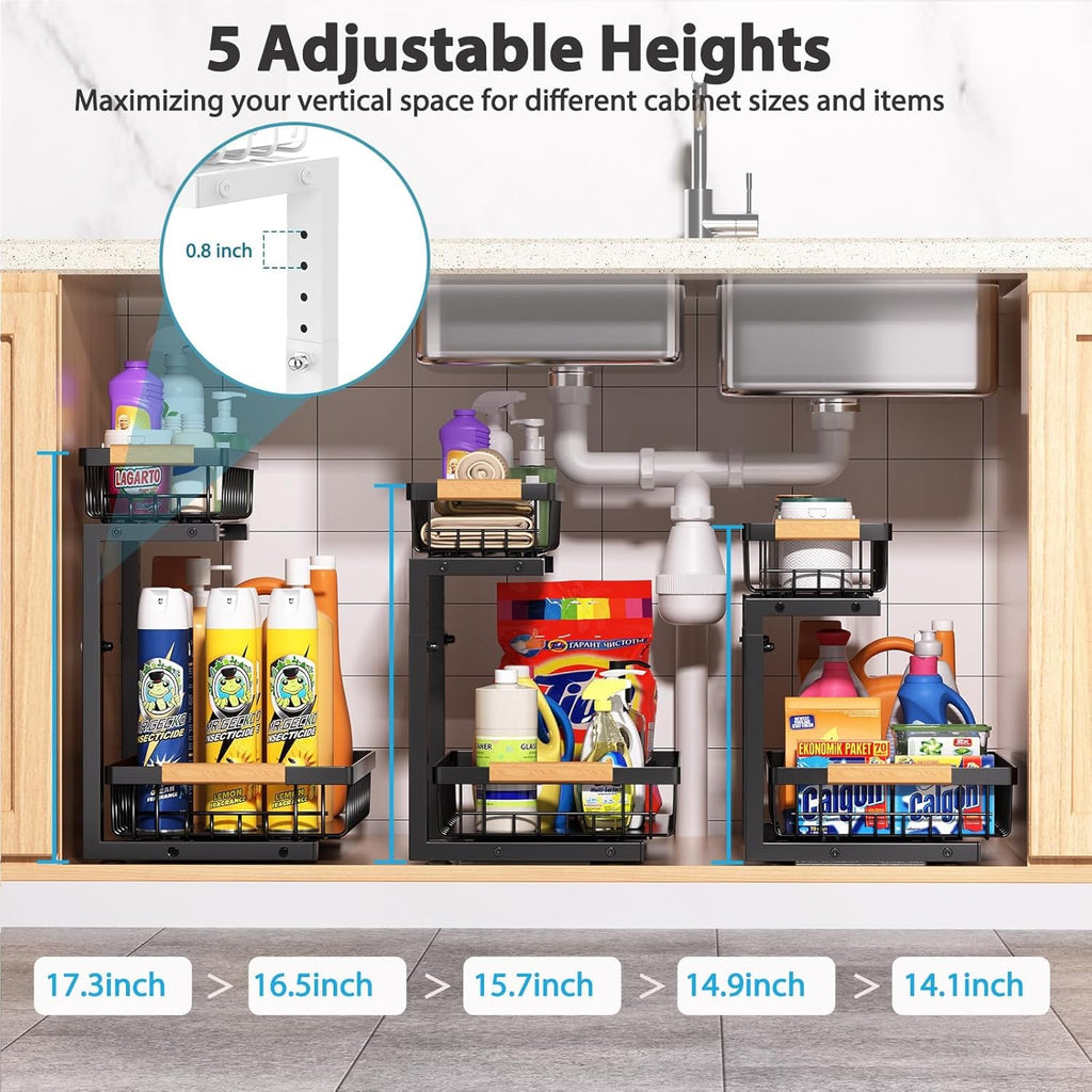 Under Sink Organizer Storage 2 Pack, 2 Tier Slide Out Height Adjustable Pull Out Cabinet Organizer