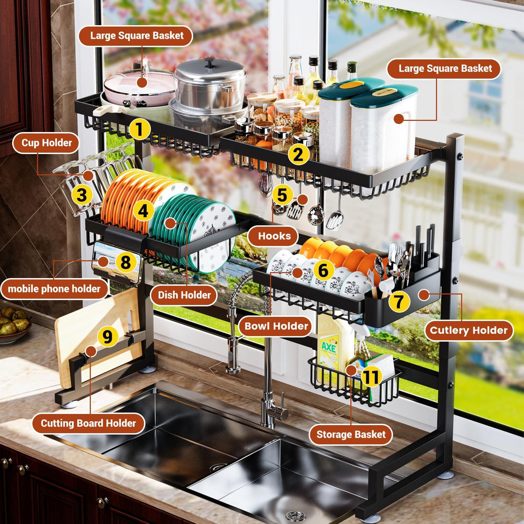 3-Tier Over Sink Dish Draining Rack, Adjustable Width and Height, with Phone Holder, Cup Holder
